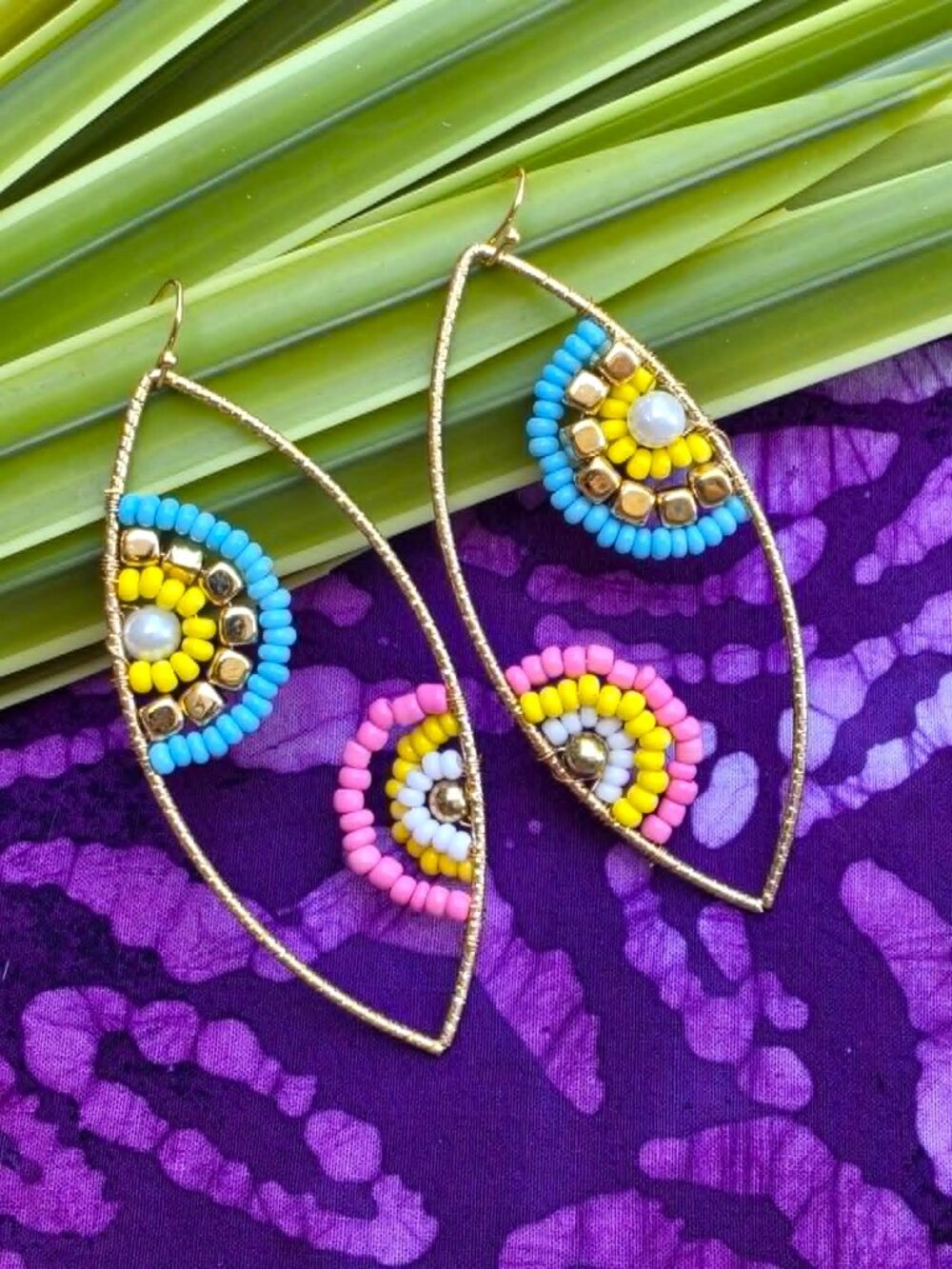 Earrings. Gold Wire-Wrapped, Beaded, Blue, Yellow, Pink, White. Pierced. NWT.